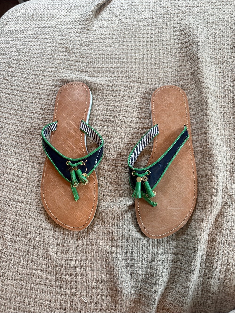 Tommy Hilfiger Navy and Green Tassel Leather Flip Flop Sandals